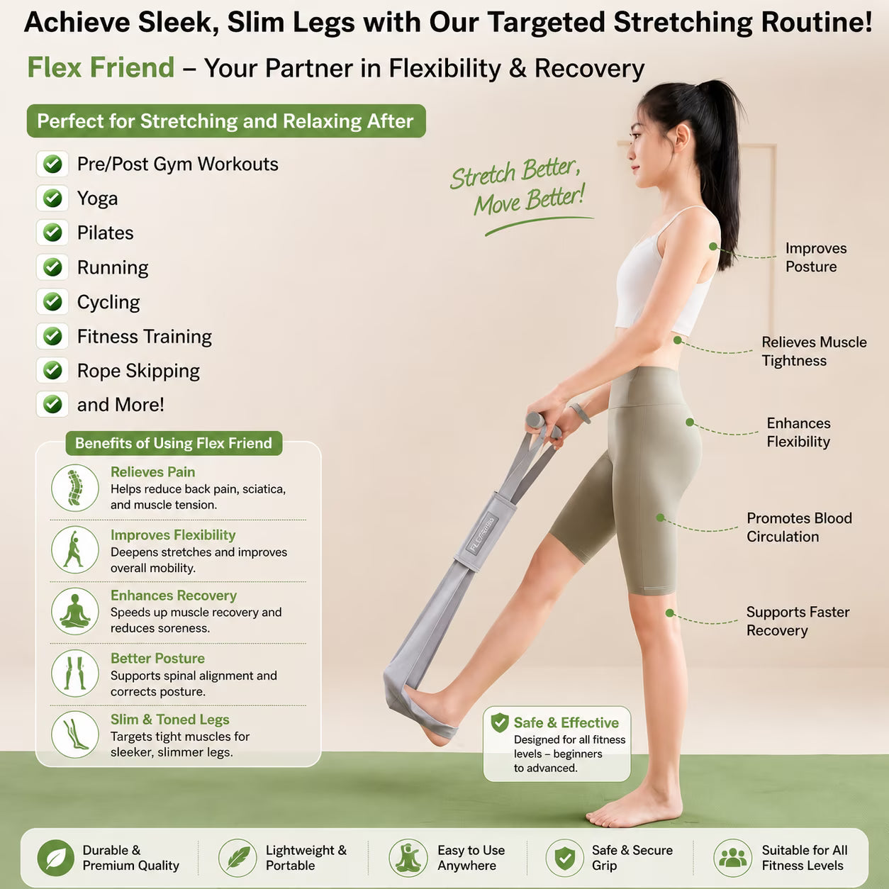 Non-Elastic Yoga & Pilates Stretching Strap with Ergonomic Handles