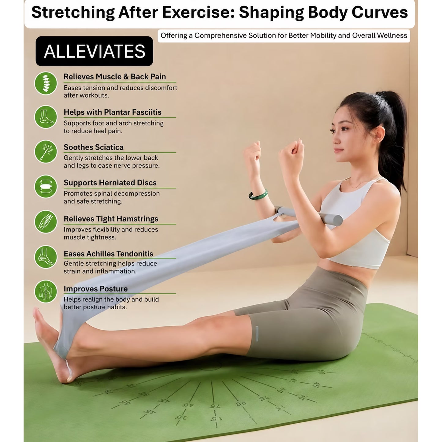 Non-Elastic Yoga & Pilates Stretching Strap with Ergonomic Handles